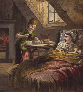 Hasta annesine çay servisi yapan kız, yatağında bir bebekle (renkli taş baskı) by English School