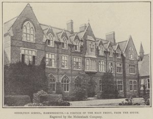 Godolphin Okulu, Hammersmith, ana cephenin bir kısmı, güneyden (gravür) by English School