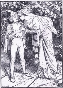 Guenevere, yardım için sayfasını Lancelot'a gönderiyor, Longmans Green and Co tarafından yayınlanan 'The Book of Romance'dan bir örnek by English School