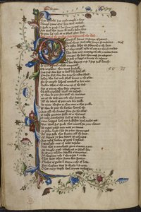 Harley 1758, f.56v Bar kenarlığı ve Geoffrey Chaucer tarafından yazılan Man of Law