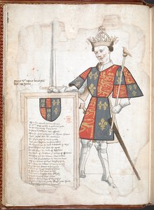 Harley 4205 f.7v Zırhlı ve pelerinli bir İngiliz kralı (V. Henry), 'Sir Thomas Holme's Book of Arms...'dan, c.1445-50 (parşömen) by English School