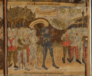 Harley 7353 Mortimer's Cross Muharebesi, Yorklu Edward, üç güneşin birleşerek birleştiği vizyonuyla cesaretlendi, 1461'de Mortimer's Cross Muharebesi'nde Lancastrians'ı mağlup etti, 'Edward IV'ün Yaşamı'ndan bir örnek by English School