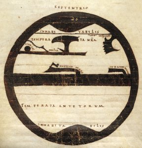 Harley MS 2772 f. 70v, Diyagramatik Bölgesel Dünya Haritası, c.1050 (parşömen üzerine mürekkep ve tempera) by English School