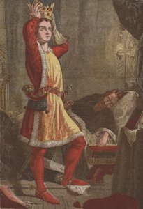Henry, Galler Prensi, gelecekteki Kral Henry V, babasının tacını deniyor (chromolitho) by English School