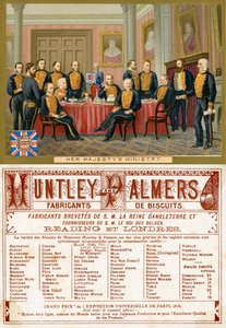 Majestelerinin Bakanlığı, Fransız pazarı için üretilmiş Huntley & Palmers Biscuits için bir promosyon kartının ön ve arka yüzü, c.1890 by English School