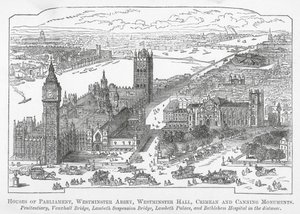 Parlamento Binası, Westminster Abbey, Westminster Hall, Kırım ve Canning Anıtları (gravür) by English School