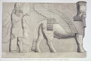 Koujunjik'i çevreleyen duvardaki bir geçitten insan başlı Boğa ve kanatlı figür, Austen Henry Layard (1817-94) tarafından yayınlanan Nineveh ve Kalıntıları'ndan 3. levha, 1849 by English School