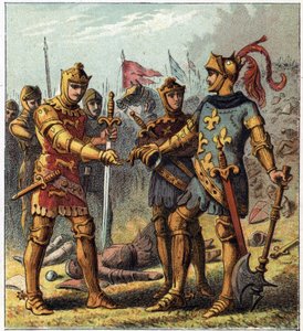 Yüz Yıl Savaşı: Poitiers Savaşı (1356). Fransa Kralı İyi John II (1319-1364) yenilgisini kabul etti ve İngiltere