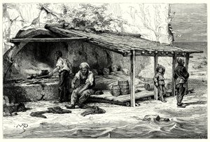 Tunny balıkçılarının kulübeleri: Praelucca Körfezi (gravür) by English School