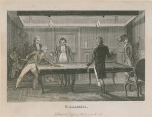 Bilardo oynayan bir grup erkeği gösteren çizim by English School
