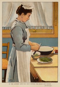 Jane mutfakta akşam yemeği için fasulye doğramakla meşguldü (renkli litografi) by English School