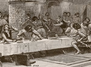 Araya Giren Balliols Noel Yemeği, Cassells Illustrated History of England'dan bir çizim (sepya fotoğrafı) by English School