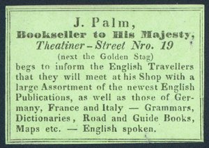 J Palm, Majestelerine Kitapçı, ticaret kartı by English School