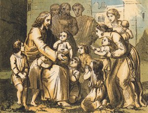 İsa Küçük Çocukları Blessing (renkli gravür) by English School