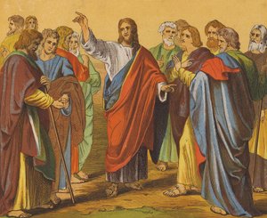 İsa Mesih on iki havarisini gönderiyor (renkli litho) by English School