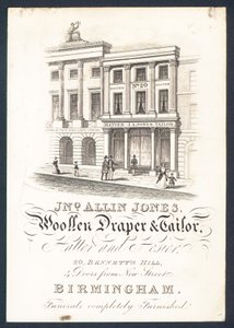 John Allin Jones, yünlü kumaşçı ve terzi, şapkacı ve çorap, ticari kart by English School