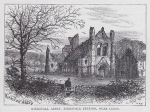 Kirkstall Manastırı, Kirkstall İstasyonu, Leeds yakınında (gravür) by English School