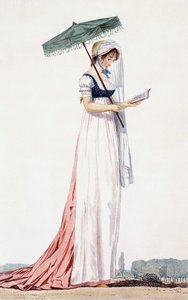 Güneş şemsiyeli zarif bayan yazlık elbise, Delacourt, 1770 (renkli gravür) by English School