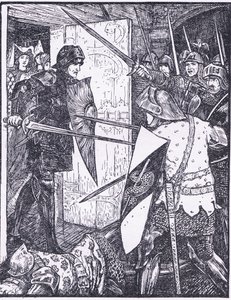Lancelot, Longmans Green and Co tarafından yayınlanan 'The Book of Romance'dan bir çizimle Guenevere'nin odasından çıkıyor. by English School