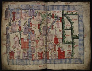 Lansdowne 204 ff.225v & 226 İskoçya Haritası, John Harding, c.1450 (parşömen üzerine mürekkep ve tempera) by English School
