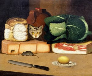 Fare avlayan bir kedi ile kiler natürmort, 1840 dolayları