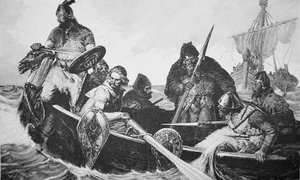 Leif Ericson, İyi Vinland kıyılarını keşfeder, muhtemelen Newfoundland (gravür) by English School