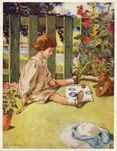 Küçük kız bahçede oyuncak ayısıyla çay içiyor (renkli taş) by English School