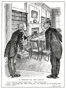 Lloyd George, gazeteler için makaleler yazmakla meşgul bakanların olmadığı bir Kabine Odasına girer, Ağustos 1920 by English School