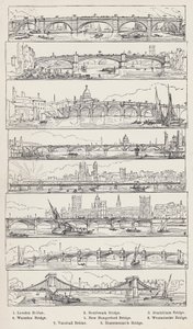 London Bridge, Southwark Bridge, Blackfriars Bridge, Waterloo Bridge, New Hungerford Bridge, Westminster Bridge, Vauxhall Bridge, Hammersmith Bridge (gravür) by English School