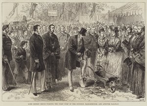 Lord Ernest Bruce Swindon, Marlborough ve Andover Demiryolunun İlk Çimini Döndürüyor (gravür) by English School