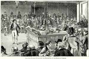 Lord John Russell Avam Kamarasında Reform Tasarısını sunarken (gravür) by English School
