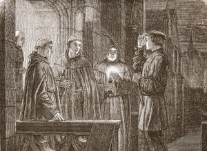 Luther Augustinus manastırına girerken, James Aitken Wylie (1808-1890) tarafından yazılan Protestanlığın Tarihinden bir örnek, pub. 1878 by English School