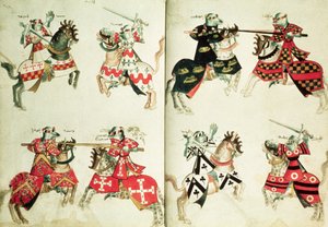 MS Harley 4205 fol.31v-32 Hanedan amblemlerini gösteren mızrak dövüşü şövalyeleri (parşömen) by English School