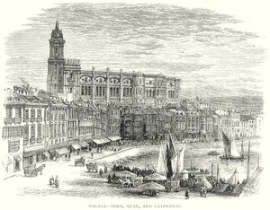 Malaga - Liman, Rıhtım ve Katedral (gravür) by English School