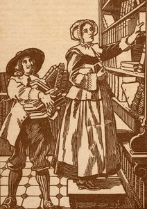 17. yüzyıldan kalma bir kitapçıda çalışan erkek ve kadın kitapçılar (litho) by English School