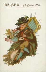 İrlanda haritası şeklinde bir adam, çocuk ve bir domuz (renkli taş baskı) by English School
