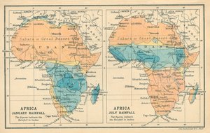 Harita: Afrika, Ocak Yağışları, Temmuz Yağışları (renkli lito) by English School