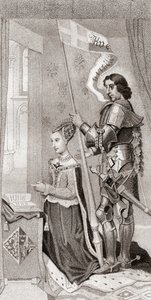 Danimarkalı Margaret, arkasında haçlı seferlerinin haçını gösteren bir pankart tutan Danimarka'nın koruyucusu St. Canute ile birlikte. Danimarkalı Margaret by English School