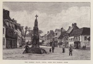 Pazar yeri, Crecy, Fransa, eski pazar haçı (litho) by English School