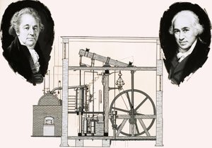 Patentli buhar motorlarından biriyle Matthew Boulton ve James Watt by English School