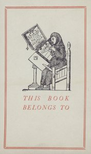 Bir el yazması üzerinde çalışan Ortaçağ yazıcısı, kitap sahipliği etiketi (renkli taş) by English School