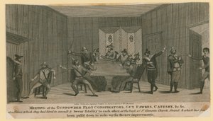 Barut Komplosu komplocularının buluşması, Guy Fawkes, Catesby, vb. by English School