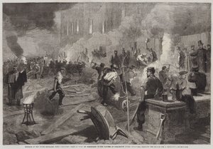 Güney Middlesex Tüfek Gönüllüleri Birliği üyeleri, Piccadilly, Burlington House Bahçelerinde Torchlight Tarafından İş Başında, Drill-Shed için Zemini temizliyor (gravür) by English School