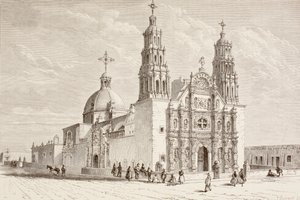 On dokuzuncu yüzyılda Plaza de Armas, Chihuahua, Meksika'daki Metropolitan katedrali (litho) by English School