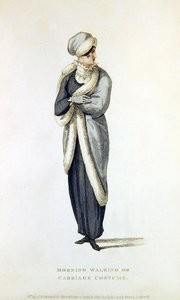Sabah, yürüyüş ya da araba kostümü, Ackermann's Repository of Arts'tan moda levhası (renkli gravür) by English School