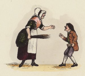 Anne ya da okul hanımı, elinde boynuz kitabı olan bir çocuğu disipline ediyor (renkli gravür) by English School