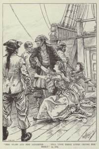 "Bayan Glass ve kızı dizlerinin üzerine çökerek merhamet dilediler" (gravür) by English School