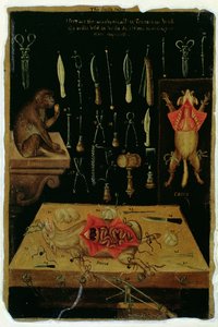 Ms Hunter 364 Tablo I Diseksiyon aletleri, Anatomik Tablolardan John Banister (1540-1610) (kahverengi kağıt üzerine yağlı boya) by English School