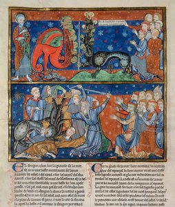 Ms R.16.2 f.14b Yedi başlı canavarın öldürülmesi, Trinity Apocalypse