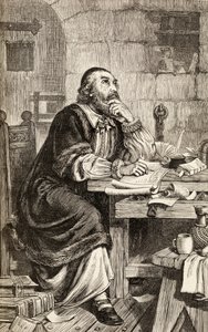 Nicholas Ridley hapishanede infazını beklerken mektup yazarken, 1865 dolayları (ahşap gravür) by English School